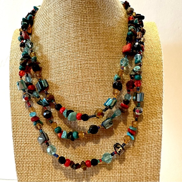 Multi-color Genuine Gemstone & Acrylic Bead Necklace, multistrand red blue brown - Picture 2 of 11